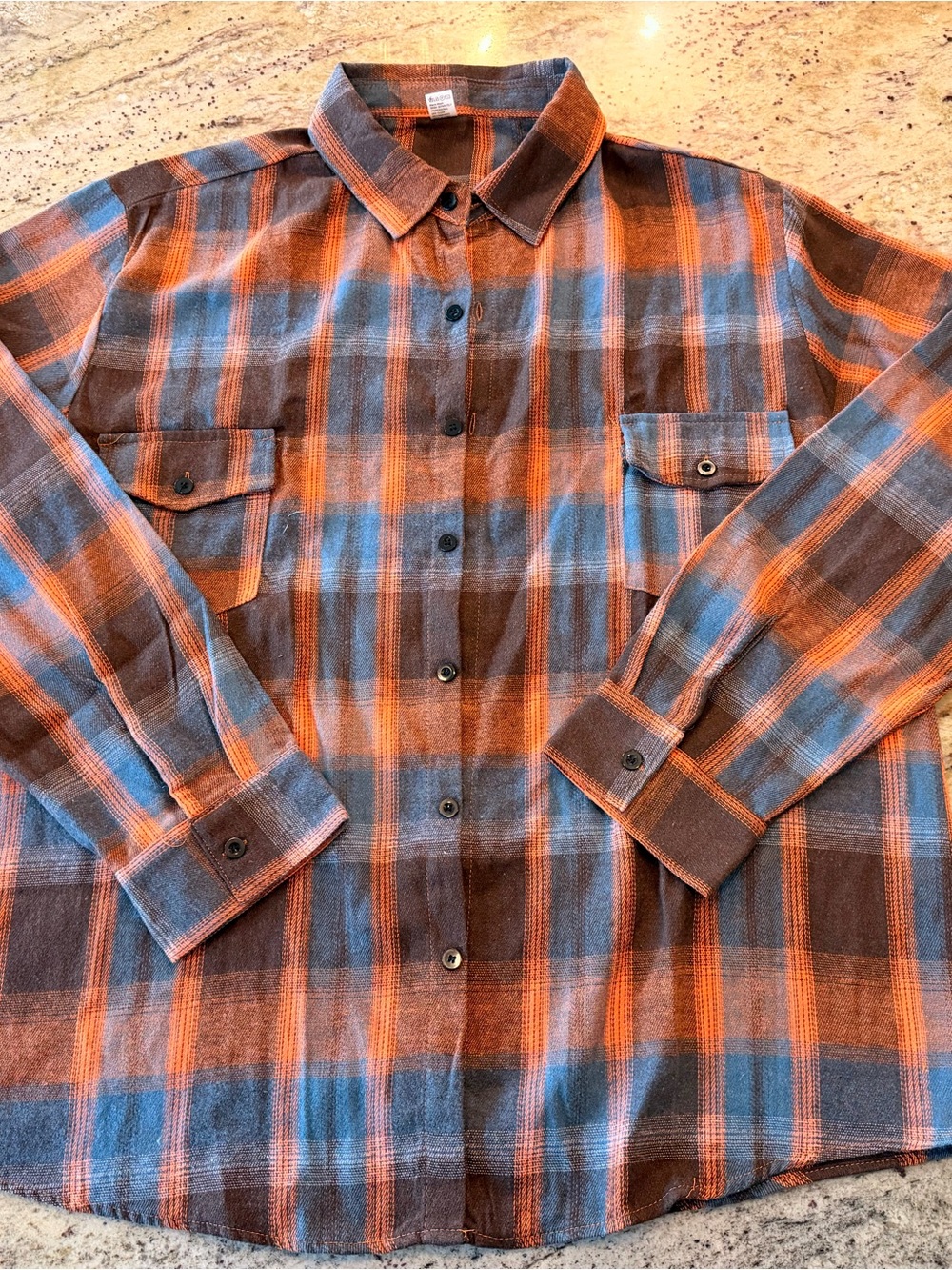 Men's Orange and Blue Plaid Button-Up Shirt